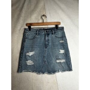 Volcom Brand Jeans Blue Distressed Denim Mini Skirt High Rise Frayed Hem Size 10